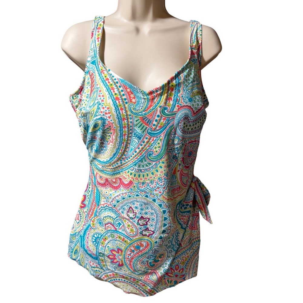 Roxanne Paisley One Piece Swimdress Size 14 38DD Blue Pink Multi Color Tie Side - Picture 2 of 9